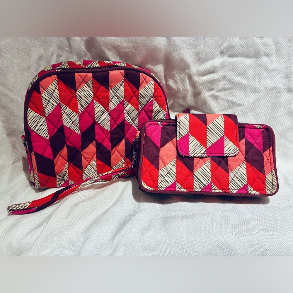 Vera Bradley Geometric Patterned Women's Bag Set, Makeup Case + Wristlet/Wallet